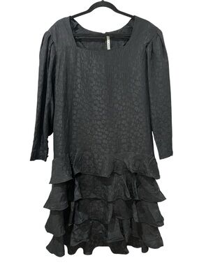 Stanley Platos Vintage Sz14 Black Silk Ruffled Tiered Long-Sleeve Dress, Lined